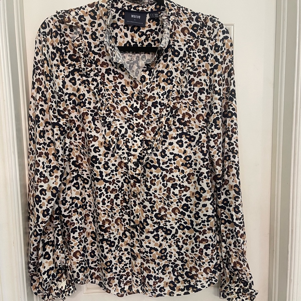 Anthropologie Leopard Print Blouse - Black, Brown, and Cream